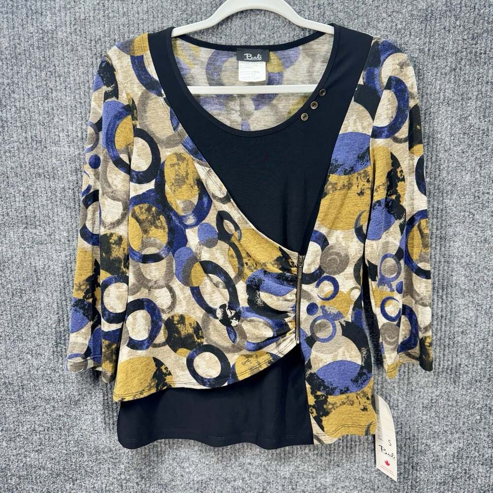 Bali Corp Top Womens Small Blue Tan Circles Zipper Detail 3/4 Sleeve Scoop Neck